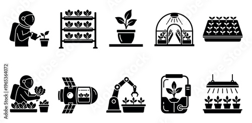 This icon set showcases futuristic farming concepts including astronauts, robots, and hydroponics in space, perfect for illustrating innovation and advanced agriculture.