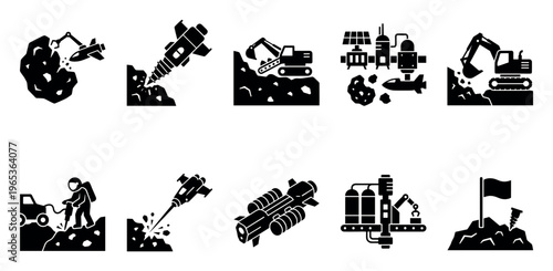 Collection of black vector icons depicting space mining activities like asteroid excavation, drilling, and resource extraction with advanced technology and machinery.