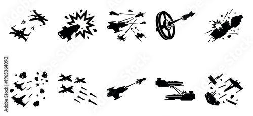 A collection of black silhouette icons depicting various scenes of space combat, including dogfights, explosions, and space stations, perfect for sci-fi projects.
