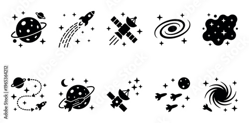 Collection of black vector icons depicting various space elements including planets, rockets, satellites, stars, and a galaxy, isolated on a white background.