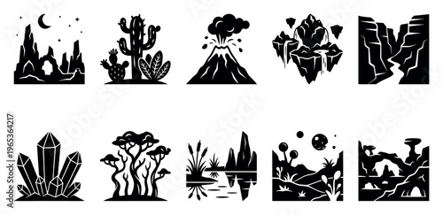 A collection of black silhouette icons depicting various stylized landscapes including desert, volcano, floating islands, canyons, crystals, trees, swamp, alien planet, and cave formations.