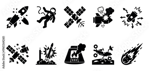 A collection of black and white vector icons depicting various space-related themes including exploding rockets, a floating astronaut, satellites, and a meteor.