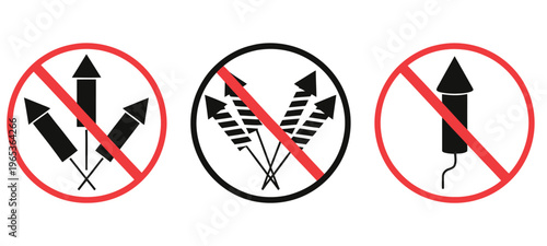 No, fireworks icon set with prohibition symbol on firecracker and rocket, representing safety ban and explosion hazard warning, clean modern flat vector design