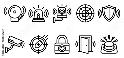A set of black line icons on a white background depicts various security and alarm system elements, including a bell, siren, radar, shield, camera, target, lock, door, and button.