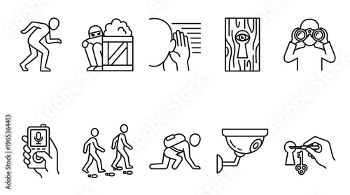 A collection of line art icons depicting various aspects of security, crime, and investigation, including a stealthy figure, a hidden person, listening, surveillance, binoculars, and a key.