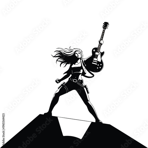 Dynamic female guitar hero rocking electric guitar triumphantly atop dramatic black and white cliff edge with flowing hair