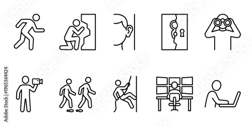 This line art icon set displays various human activities and actions, including running, climbing, listening, spying, observing, filming, walking, working at computers, and surveillance.