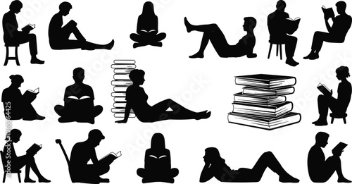 Black Silhouette Vector Illustration of People Reading Books in Various Poses Including Sitting Lying Down and Studying for Education Concept