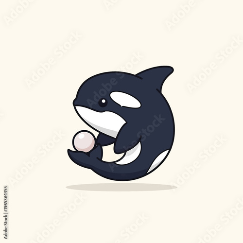 A playful orca illustration is holding a pearl. The stylized killer whale features a rounded body, white eye and belly patches, and a black dorsal fin. It is set against a cream background