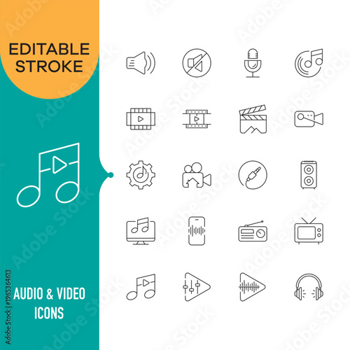 Audio & Video Outline Icon Set Editable Stroke Media Line Icons Pack Multimedia UI Vector Collection.eps