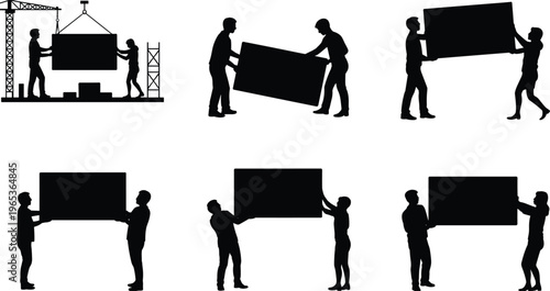 Black Silhouette Vector Set of Construction Workers Carrying Heavy Boards and Moving Large Panels for Industrial Building Site and Logistics