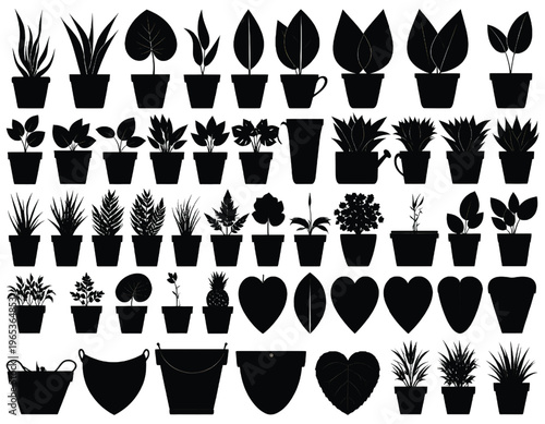 Assorted black and white icons of various plant pots and flower arrangements