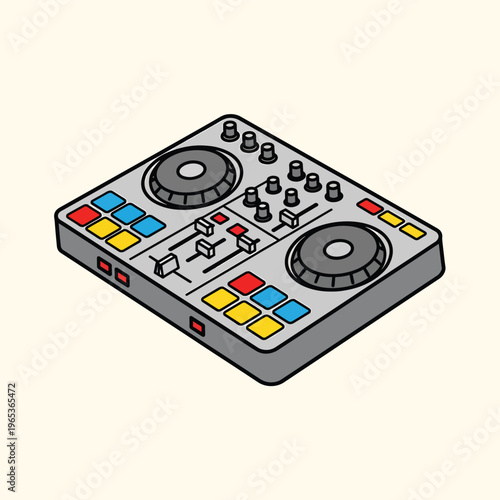 A flat-design graphic illustrating a DJ controller with rotary knobs, faders, and various colorful pads and buttons on a beige background
