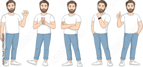 Collection of Casual Young Man Character Poses in White Shirt and Blue Jeans Set of Cartoon Vector Illustrations for Marketing