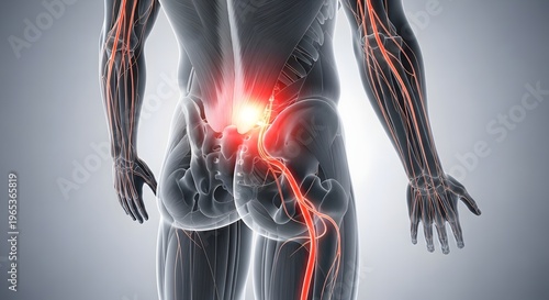 Sciatica nerve pain and lower back anatomy. Spinal cord issues and nervous system. Rear view of human body with glowing red nerves from spine to legs