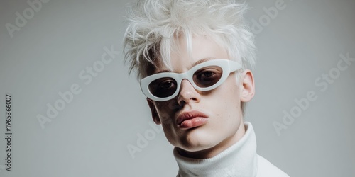 Stylish young man with platinum blonde hair and white sunglasses posing with lips puckered