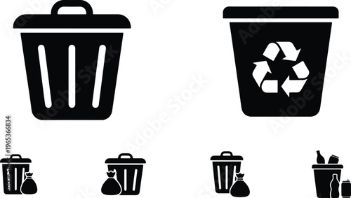 Black and white illustrations of trash cans and recycling bins with lids and bags  waste management icons