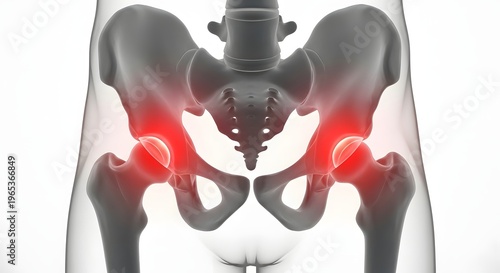 Human pelvic bone and hip joint inflammation. Anatomy of skeletal system and joint pain relief. 3D illustration of red glowing points on acetabulum and femur head