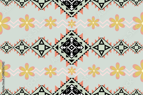 Geometric Ethnic Blossom Seamless Pattern with Diamond Motifs and Floral Details