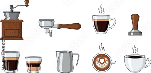 Coffee preparation tools and drinks set with grinder portafilter tamper cups latte espresso and milk pitcher vector illustration