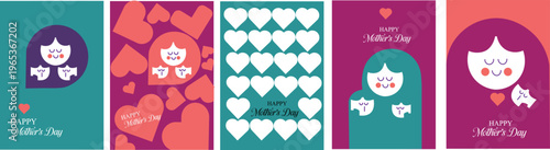 Mothers Day greeting cards with cute cartoon illustrations of mothers and children happy smiling faces hearts colorful designs