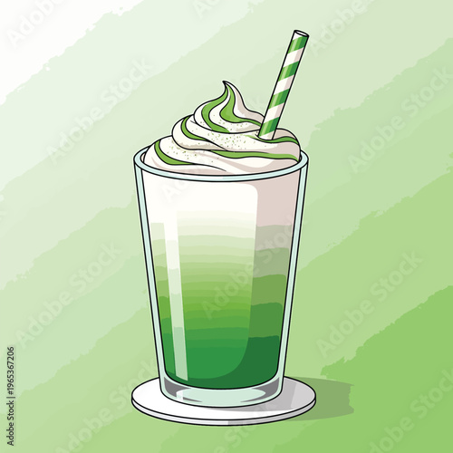 A refreshing drink with whipped cream, green layers, and a striped straw, resting on a small white coaster against a green backdrop