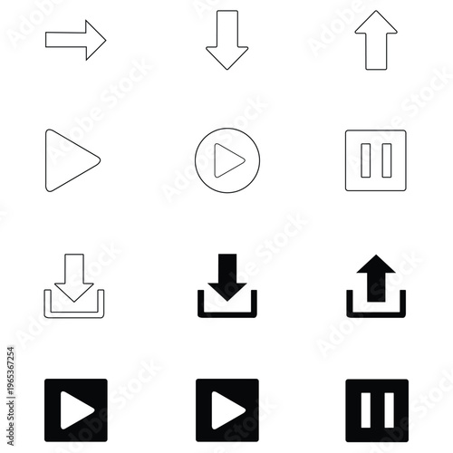 Media Control Icons Set Vector, Play Pause Download Upload Arrow UI Buttons Outline and Solid Style