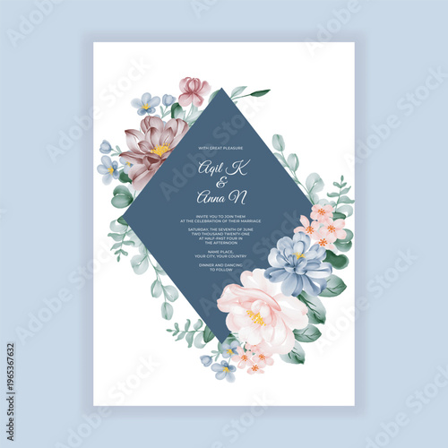 Floral wedding invitation template set with elegant brown flower leaves