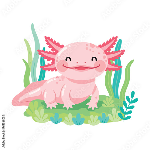 Colorful cartoon axolotl vector with a cute smiling face sitting among aquatic plants and greenery in a playful underwater scene