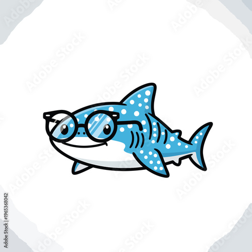 A friendly cartoon shark with polka dots and wearing glasses is smiling. The shark is light blue against a white background
