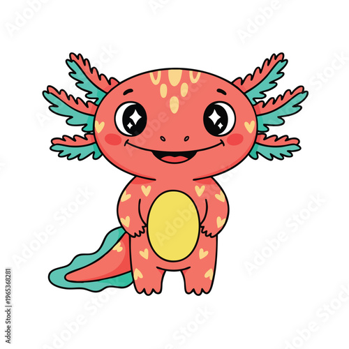 Colorful cartoon axolotl vector character with big expressive eyes and playful design, perfect for children’s books, educational materials, or fun