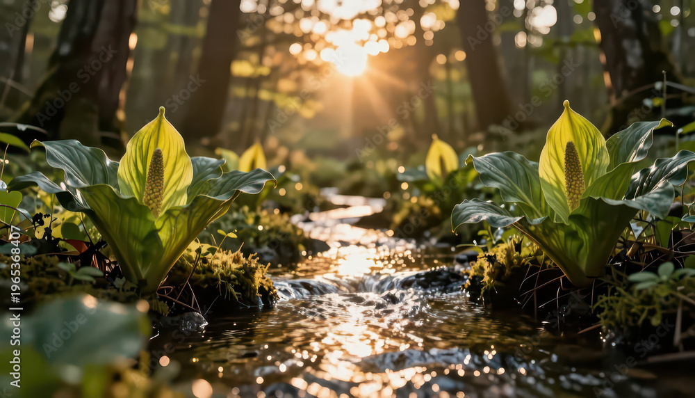Naklejka premium In the forest, sunlight filters through the trees, illuminating vibrant flowers near a gentle stream. The stream flows softly, creating a serene atmosphere in the woodland.