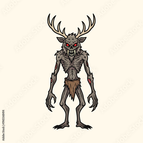 A ghastly creature, resembling a humanoid deer with sharp teeth and red eyes, stands. It wears a loincloth