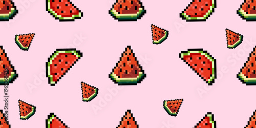 Pixel art watermelon seamless pattern with colorful fruit slices in retro 8 bit style on a pink background, ideal for summer design, fabric, wallpaper, and packaging. Vector illustration