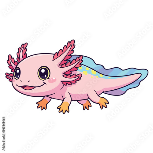 Cute and colorful axolotl vector illustration featuring a playful aquatic creature with pink frilly gills and a vibrant tail, perfect for children's