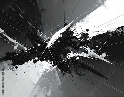 A dynamic abstract artwork with black, white, and gray tones