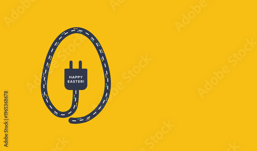 Happy Easter Graphic with Electric Vehicle Road Egg and Charging Plug Icon for Green Energy and Sustainable Transport Theme