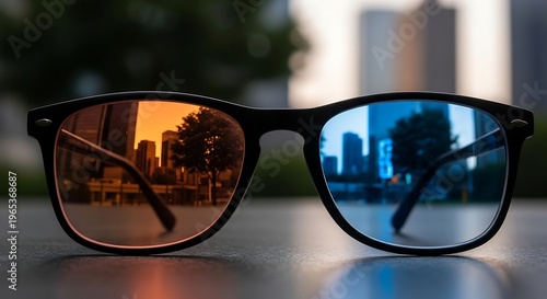 Modern eyeglasses reflecting contrasting cityscapes in orange and blue tones symbolizing perspective and viewpoints