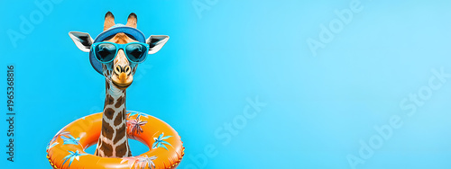 A giraffe in sunglasses with an inflatable beach ring around its neck poses against a blue studio background - a minimalist creative scene with copyspace, a summer theme, and leisure