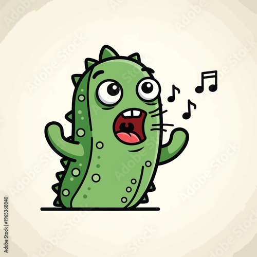A green, cactus-like cartoon creature with large eyes sings musical notes with its mouth wide open and arms out. It stands on a line