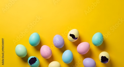 Easter eggs in pastel colors on yellow background springtime holiday celebration