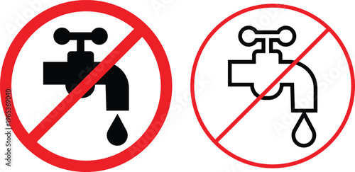 No drinkable water tap flat and line icons set. Do not use water signs, do not drink water signs, prohibition symbols, dirty tap water warning vectors illustration isolated on transparent background.