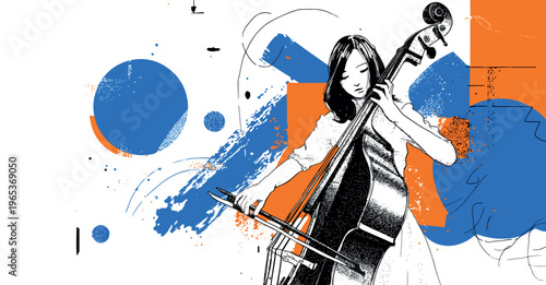 Cellist Playing Cello With Bow Vintage Engraving Style Vector Illustration on Color Background