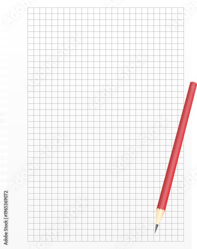 Red pencil and a large white sheet of paper in a grid