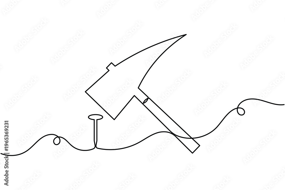 Obraz premium Hammer hitting nail icon continuous one line art single drawing on white background minimal workshop tool symbol outline vector illustration
