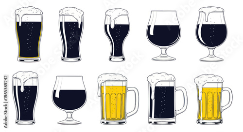 Assorted Beer Glasses Filled with Dark and Light Ales