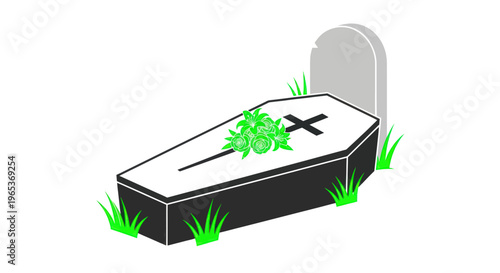 Casket with Flowers and Tombstone in Graveyard, Funeral Concept