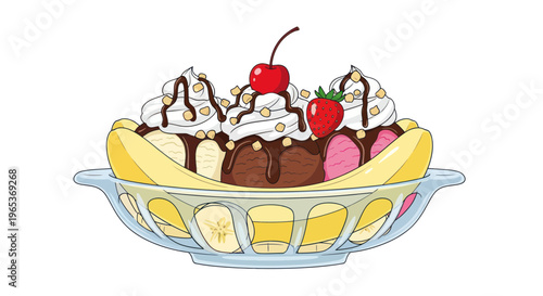 Delicious Banana Split Ice Cream Sundae with Whipped Cream, Chocolate, and Cherry