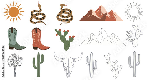 Desert Western Vibes: Sun, Cacti, Cowboy Boots, Snake, Skull, Mountains