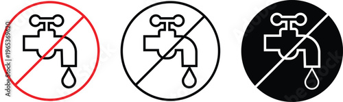 No drinkable water tap icons set in line styles. Do not use water signs, do not drink water signs, prohibition symbols, dirty tap water warning vectors illustration isolated on transparent background.
